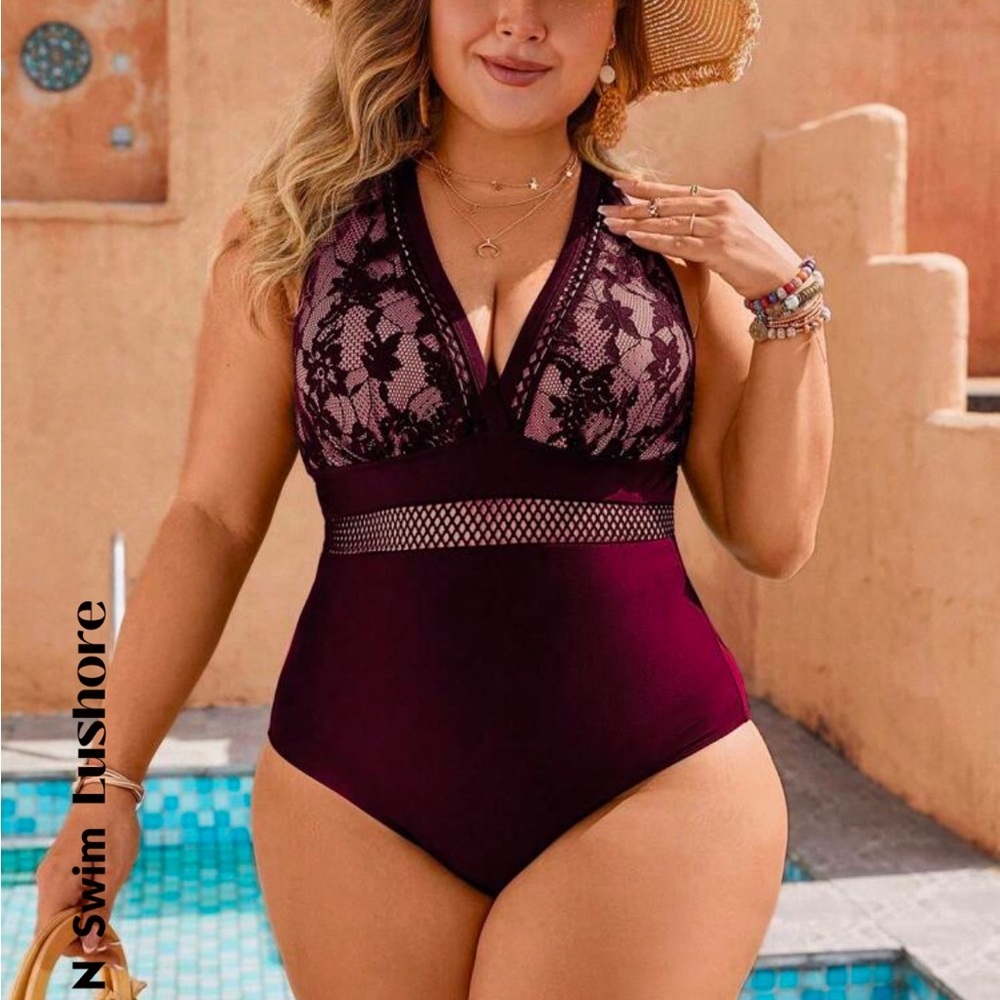 SHEIN Women's Burgundy Lace Swimsuit